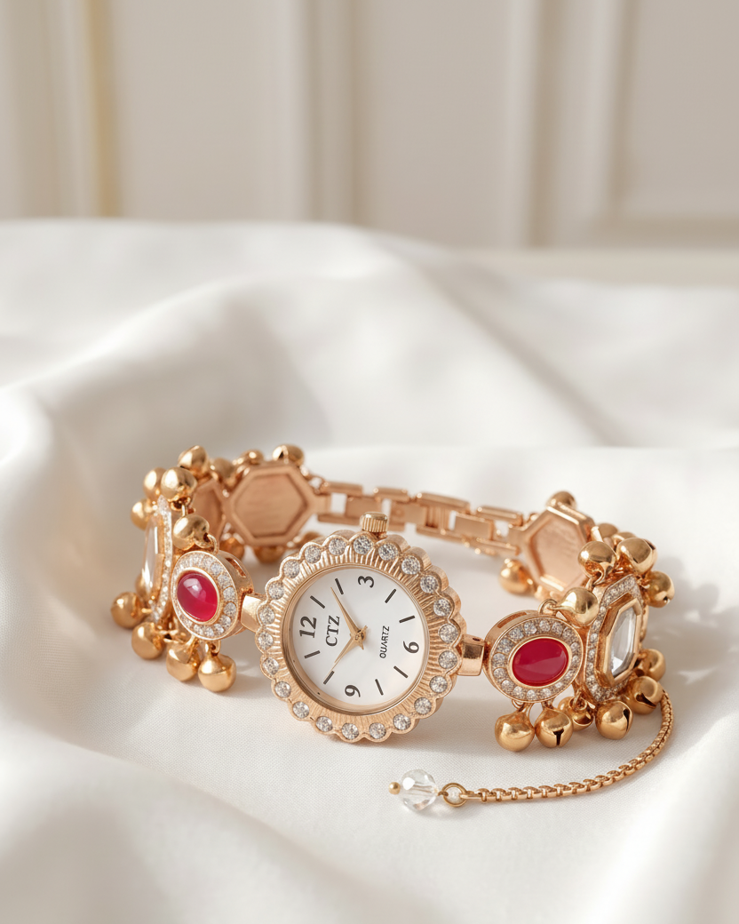 New Kashmiri Bracelet Cum Watch - Women Vintage Gold Plated Bracelet | Ethnic Party Style | Stylish Women Watch