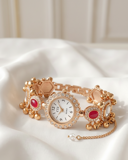 New Kashmiri Bracelet Cum Watch - Women Vintage Gold Plated Bracelet | Ethnic Party Style | Stylish Women Watch