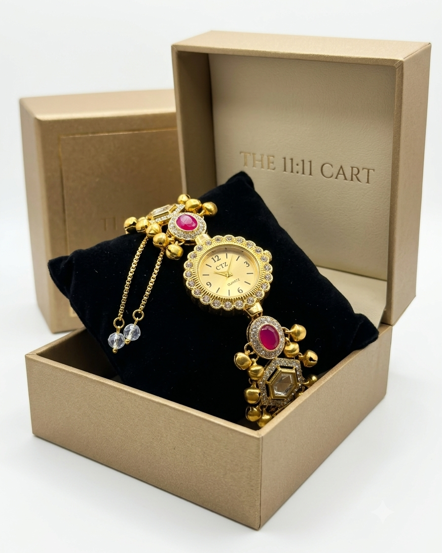 New Kashmiri Bracelet Cum Watch - Women Vintage Gold Plated Bracelet | Ethnic Party Style | Stylish Women Watch