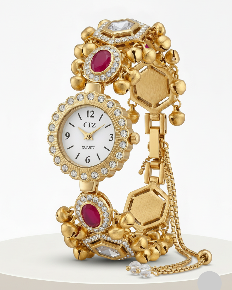 New Kashmiri Bracelet Cum Watch - Women Vintage Gold Plated Bracelet | Ethnic Party Style | Stylish Women Watch