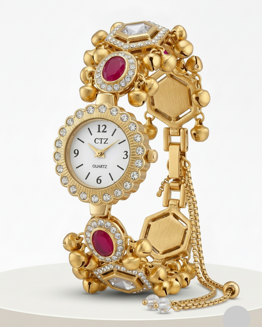 New Kashmiri Bracelet Cum Watch - Women Vintage Gold Plated Bracelet | Ethnic Party Style | Stylish Women Watch
